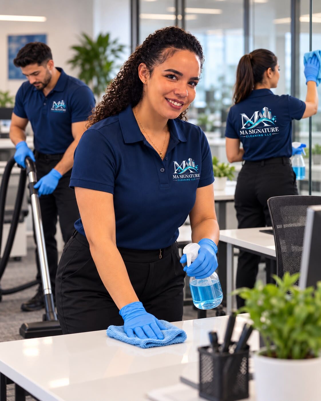 MA Signature Cleaning LLC team in navy blue uniforms cleaning desks in an office